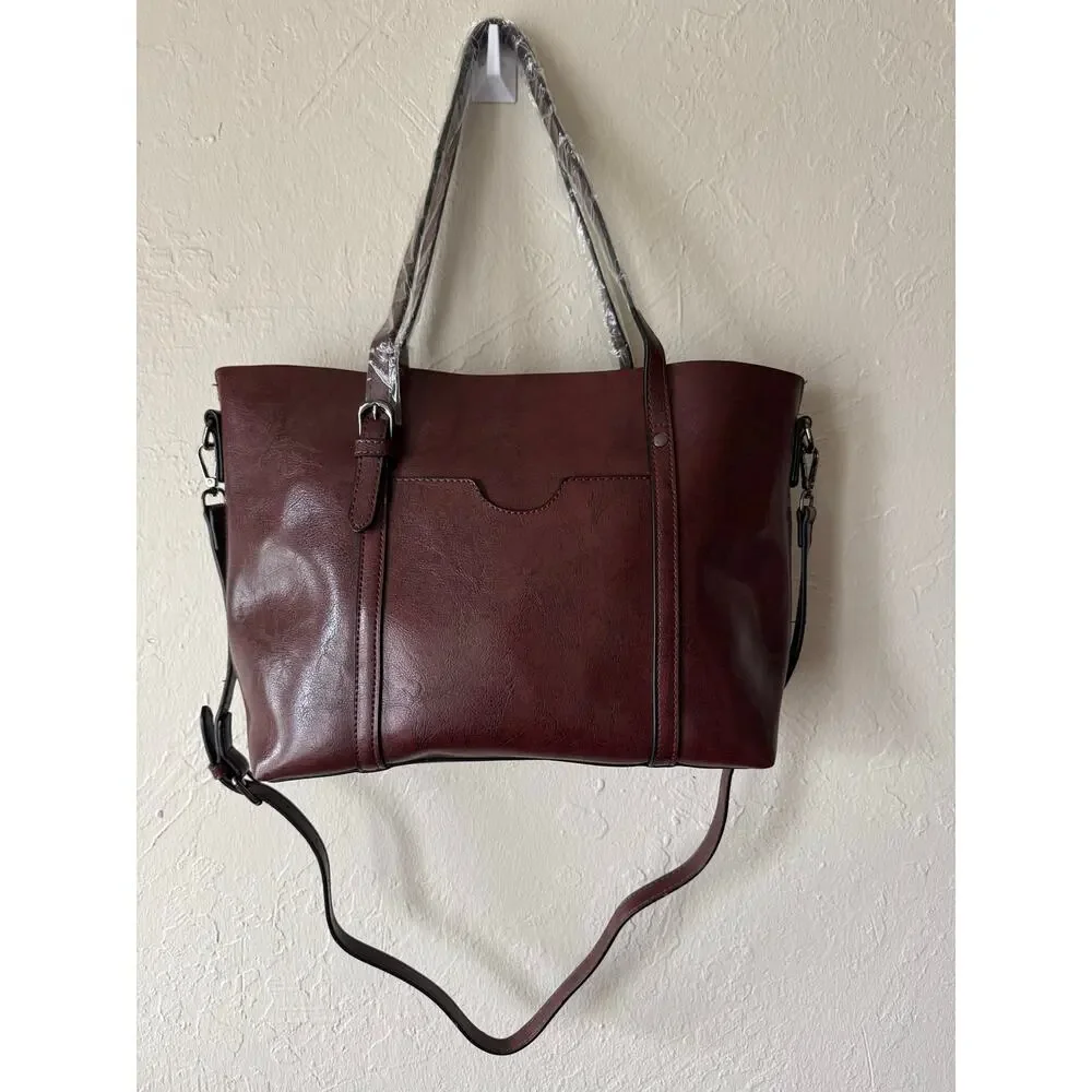 NWOT Elegant Faux Leather Tote with Removable Long Strap in Chocolate Brown